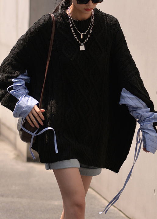 Black O Neck Drawstring Patchwork Cotton Knit Sweaters Fall