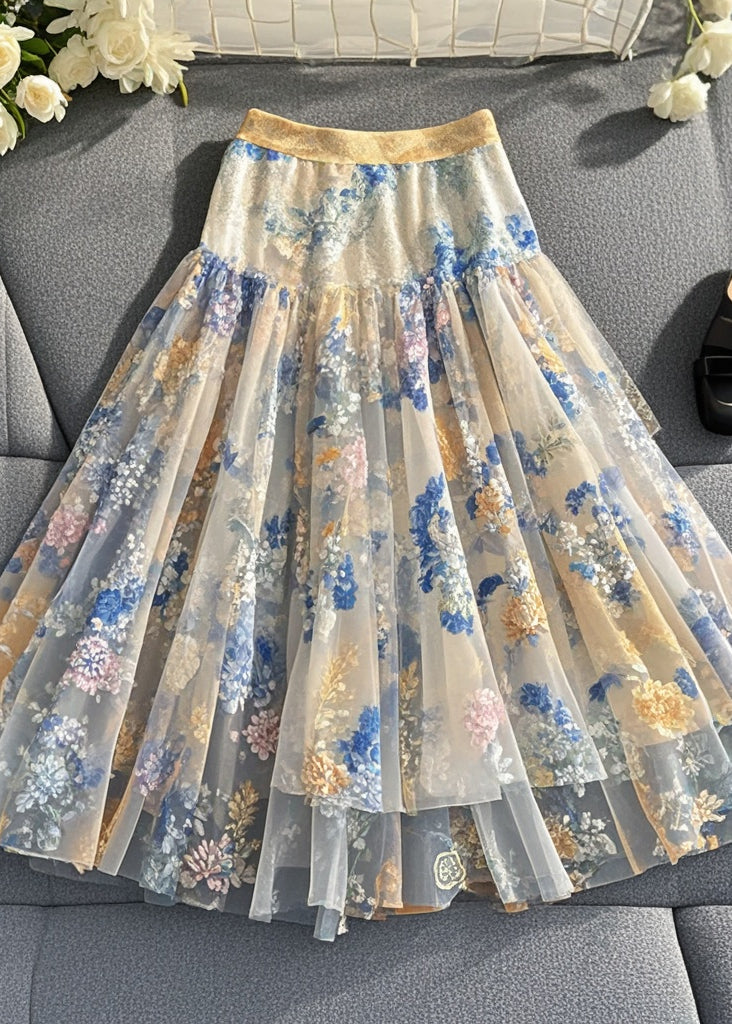 White Print Silm Fit Tulle Skirts Summer