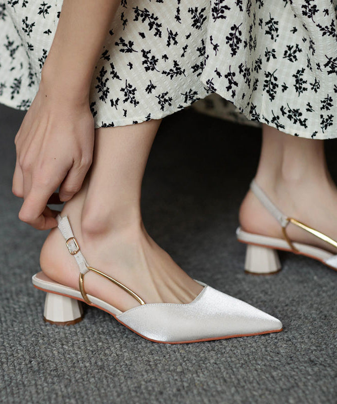 French Beige Pointed Toe Buckle Strap Chunky Sandals