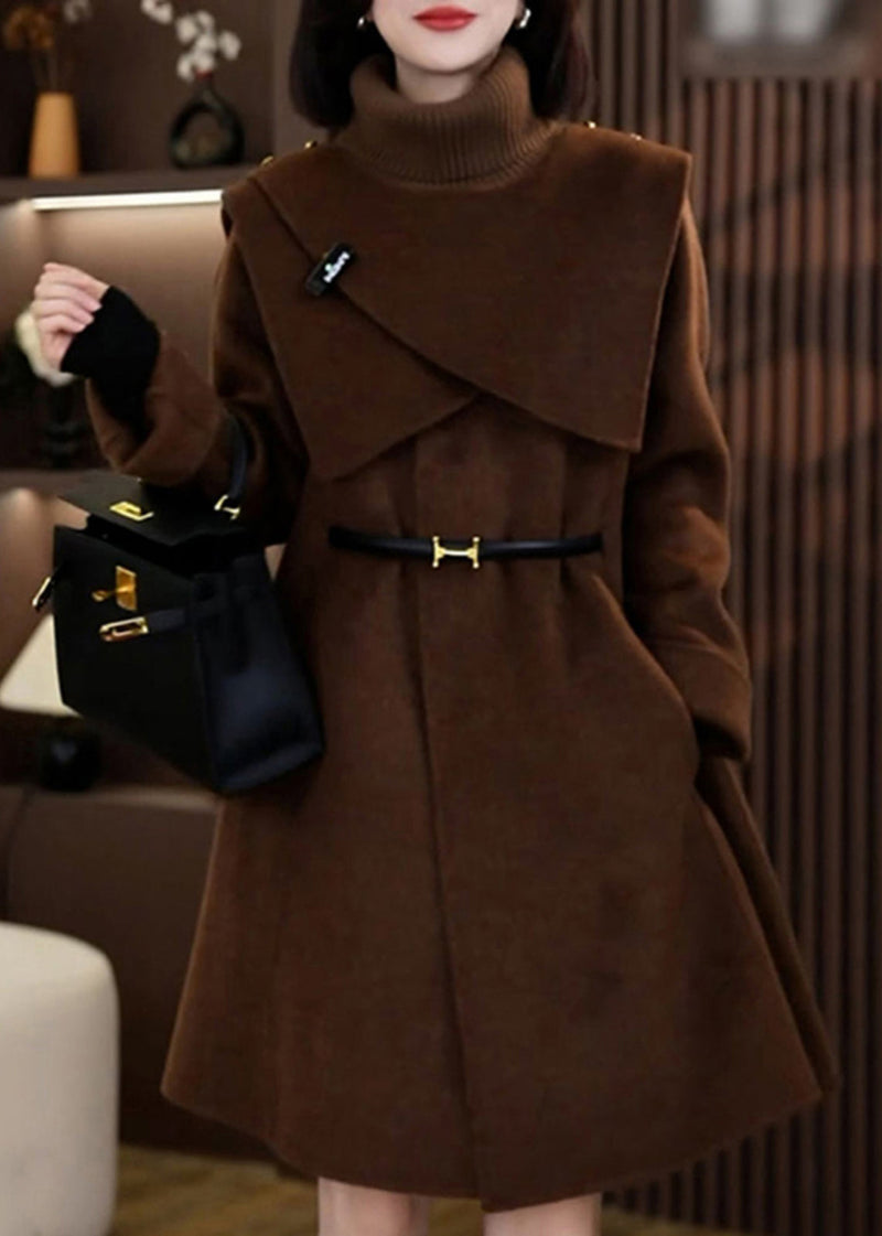 Coffee Woolen Coats and Knit Scarf Two Pieces Set Winter