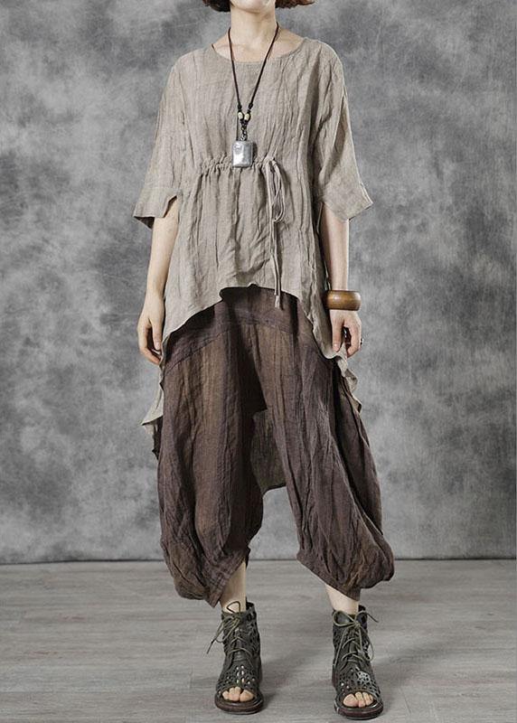 Khaki O-neck Asymmetrical Design Fall Half Sleeve Tops