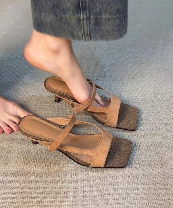 Splicing High Heel Slide Sandals Brown Suede