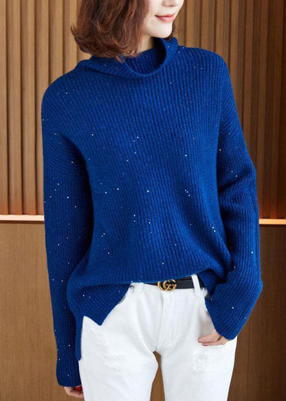 Blue Turtleneck Side Open Cotton Knit Sweaters Long Sleeve Spring