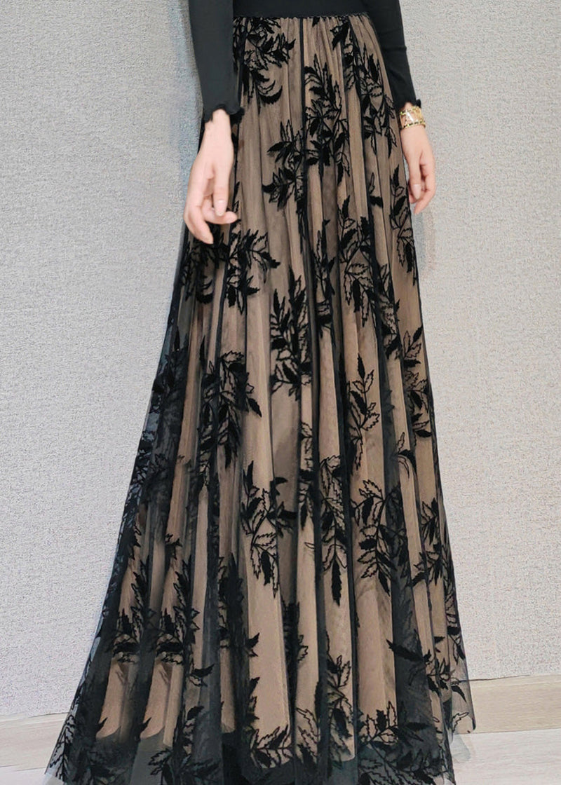 Novelty Chocolate Embroideried High Waist Draping Tulle Maxi Skirt Spring