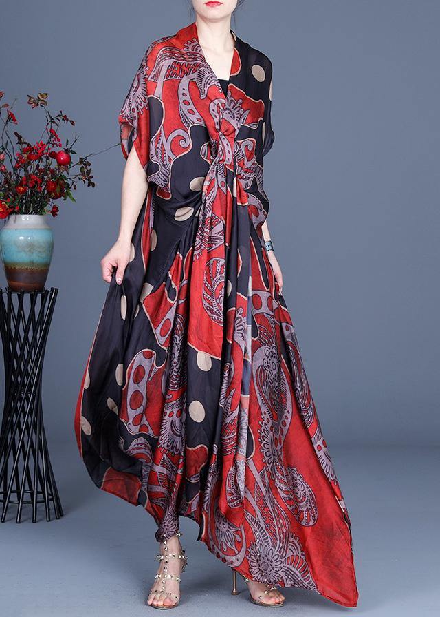 Art Red Dot Print Silk Two Pieces Set Summer Long Dress