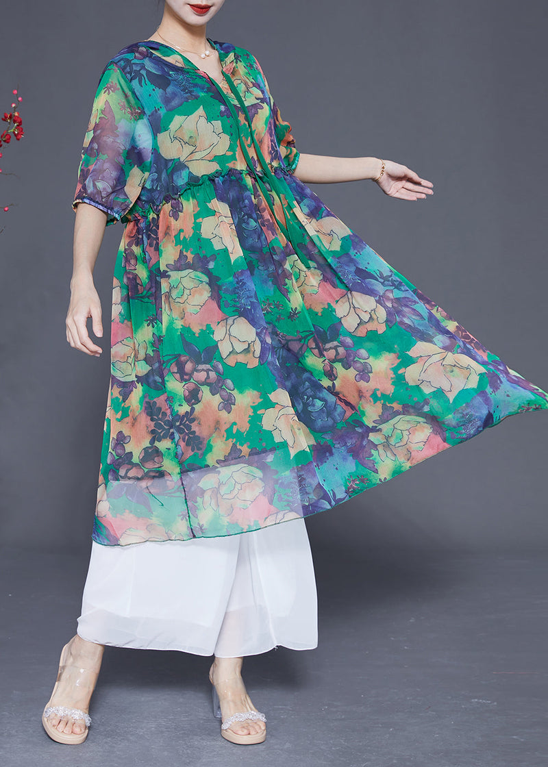 Green Hooded Ruffled Print Chiffon Dress Summer
