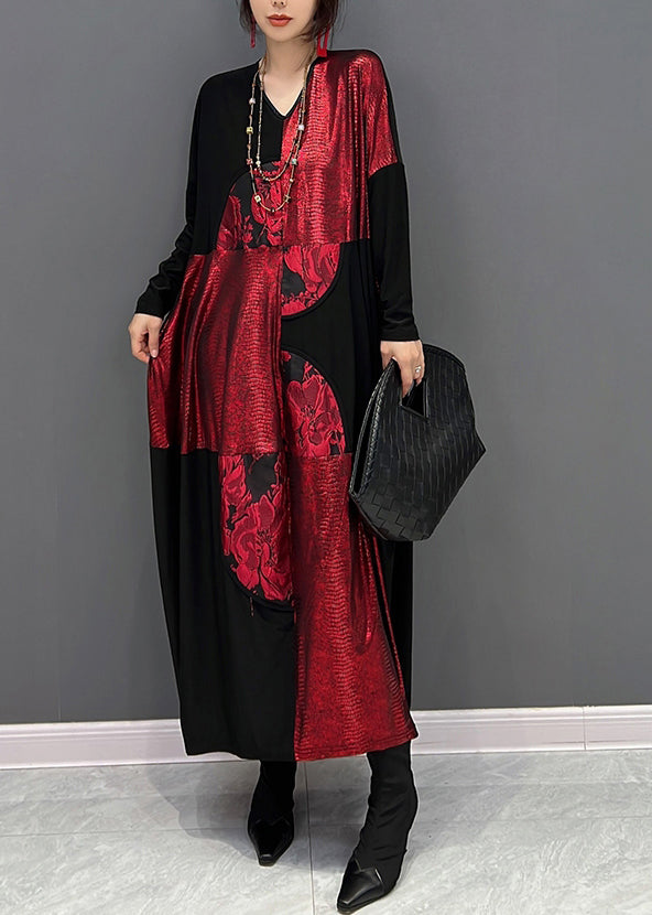 Red Black V Neck Print Patchwork Cotton Long Dress Fall