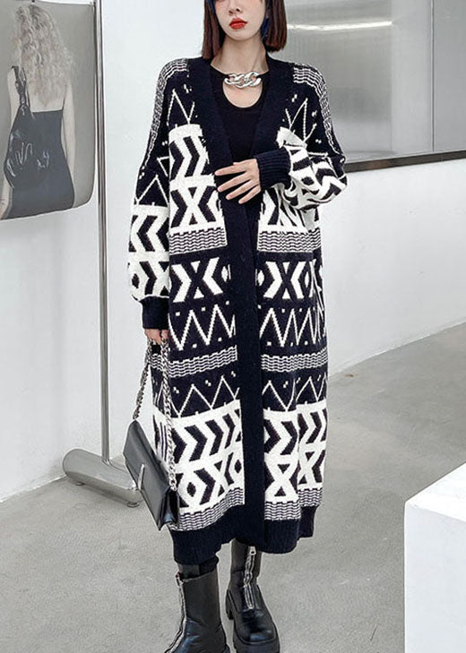 Stylish Black Pockets Button Jacquard Fall Long Knit Sweaters Coat
