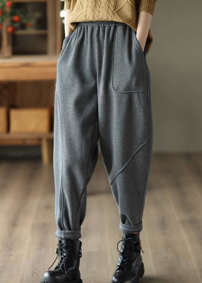 Yellow Pockets Patchwork Elastic Waist Warm Fleece Pants Spring