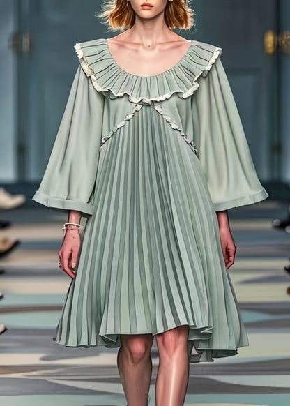 Green Peter Pan Collar Wrinkled Chiffon Mid Dresses Summer