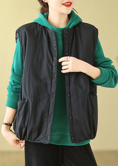 Art Black Oversized Pockets Fine Cotton Filled Vests Winter