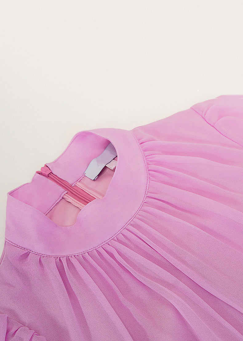 Pink Zippered Wrinkled Chiffon Maxi Dresses Fall