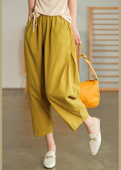 Yellow Elastic Waist Pockets Pants Spring
