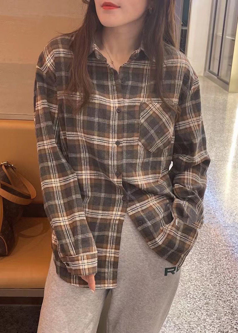 Boutique Red Button Peter Pan Collar Plaid Blouses Spring