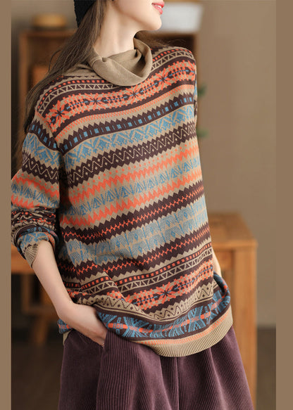 Khaki Turtle Neck Print Knit Sweaters Winter