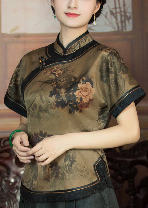 Dark Khaki Button Print Patchwork Silk Shirts Summer