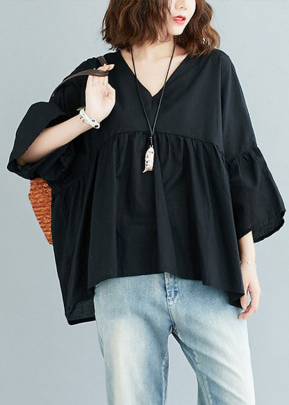 Green Feather V Neck Patchwork Asymmetrical Design Fall Top Three Quarter Sleeve