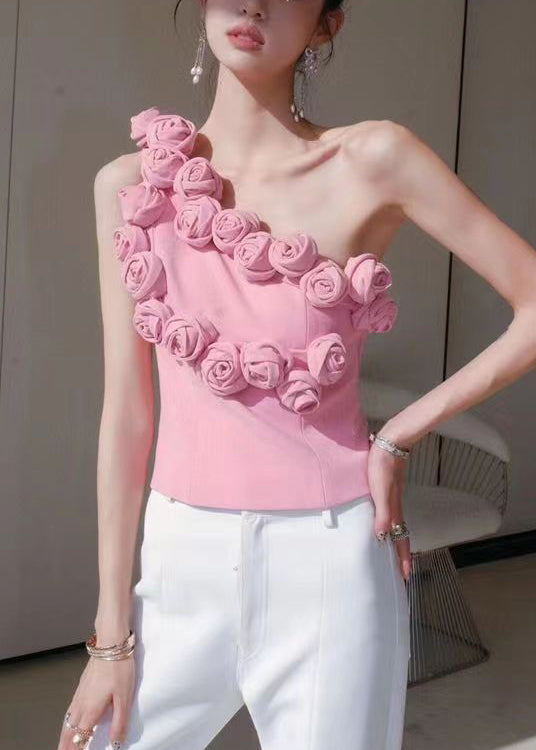 Pink One-shoulder Cotton Tank Sleeveless