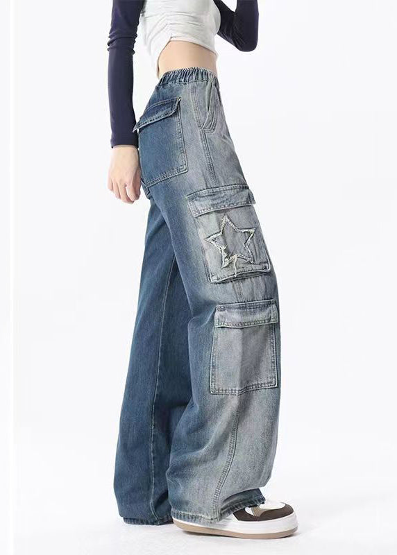 Blue Gradient Pockets Drawstring Elastic Waist Denim Pants Spring