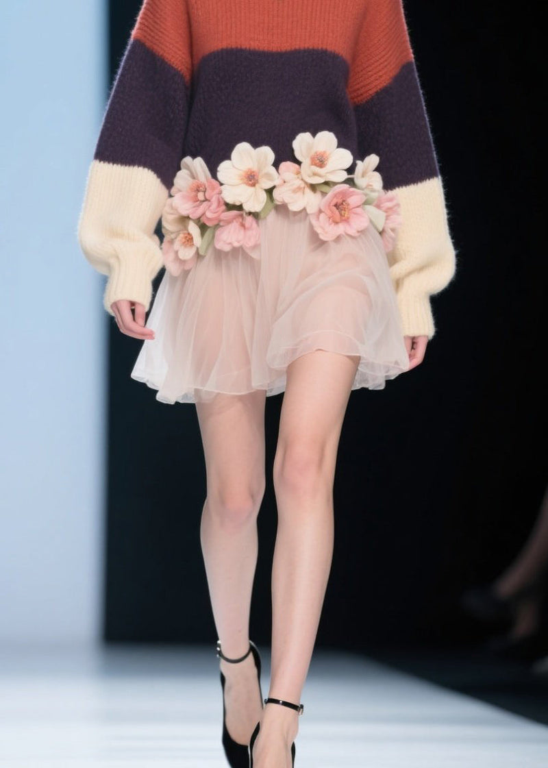 Modern Colorblock O Neck Tulle Knit Dress Fall