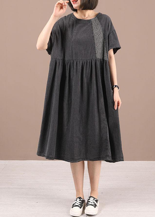 Black Patchwork Cinched Denim Ankle Dress Summer