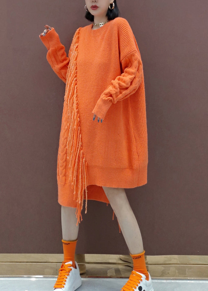 Orange Tasseled Patchwork Knit Knit Sweater Dress Winter