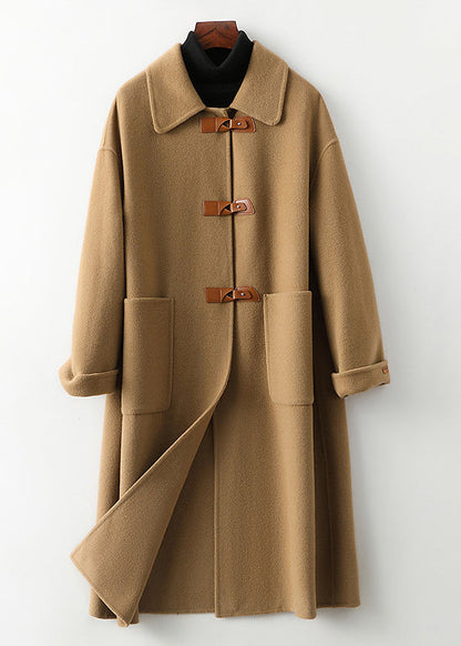 Camel Peter Pan Collar Button Woolen Long Coats Fall