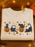 Women's Round Neck Halloween Black Cat Pumpkin Embroidery Loose Long Sleeve Sweatshirt artswardrobe