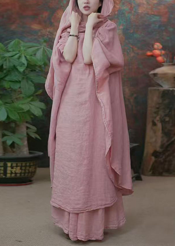 Original Pink Bow Dress and Wide Leg Pants Linen Two Pieces Set Batwing Sleeve