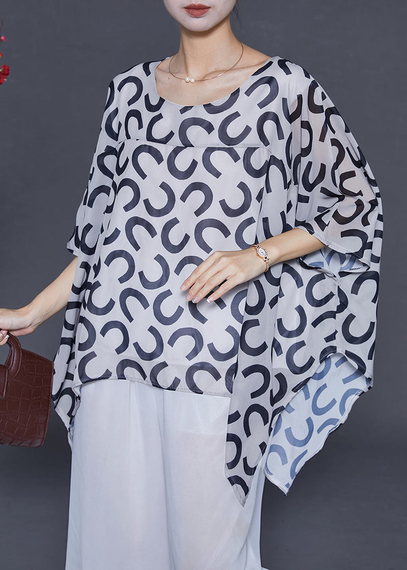 White Oversized Print Chiffon Tank Tops Batwing Sleeve