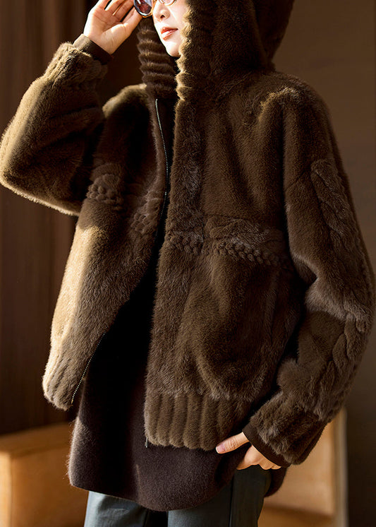 Loose Coffee Hooded Zippered Leather and Fur Coats Winter