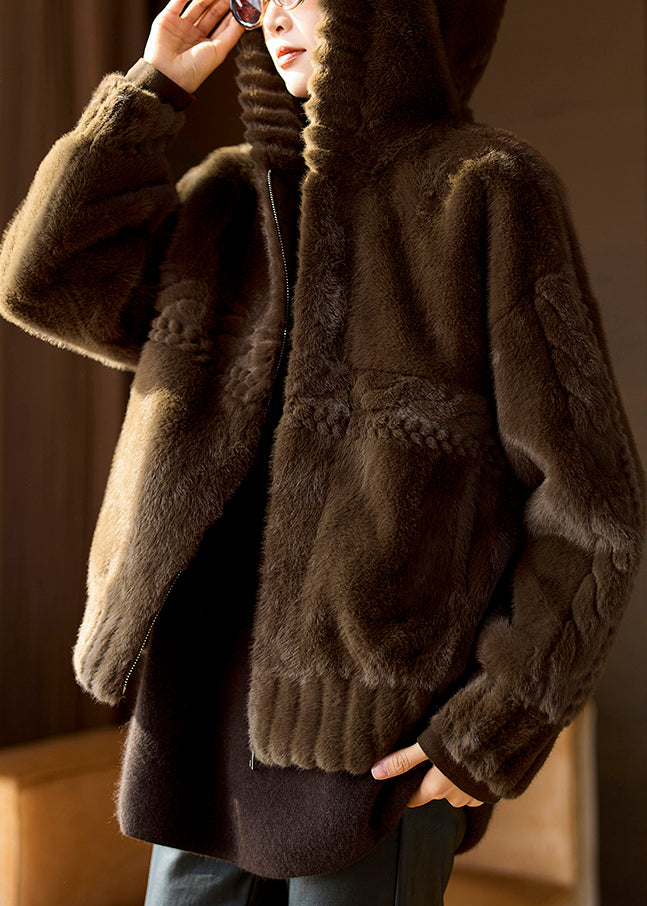 Loose Coffee Hooded Zippered Leather and Fur Coats Winter