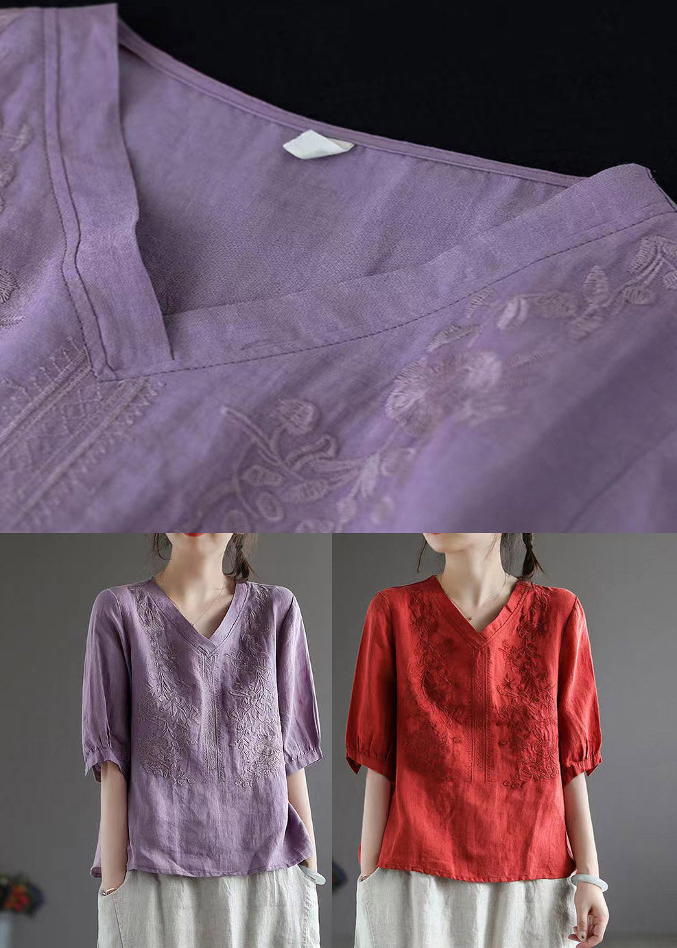 Purple V Neck Embroideried T Shirt Half Sleeve
