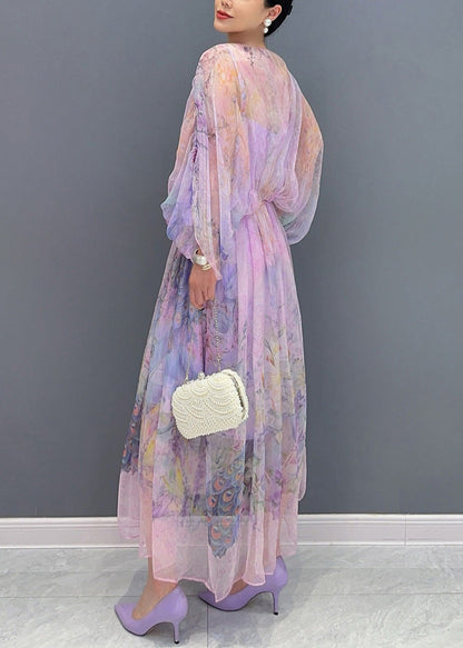 Lavender U Neck Print Patchwork Long Dresses Summer