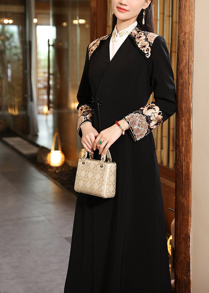 Black V Neck Embroideried Button Long Coats Fall