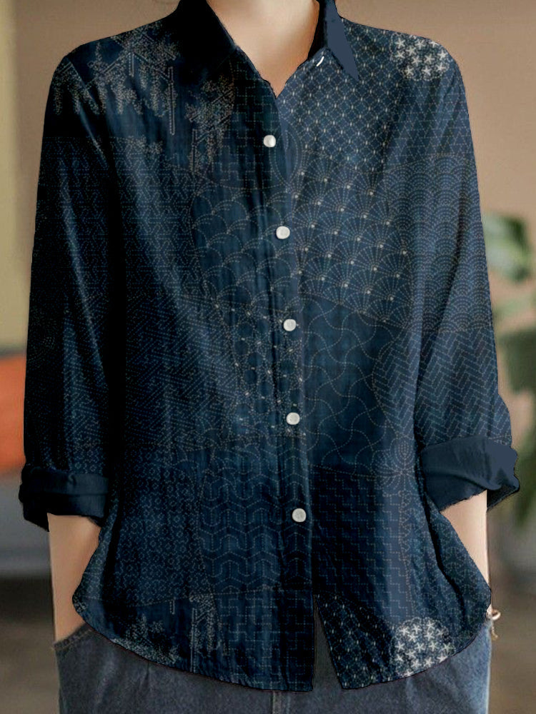 Comstylish Japanese Traditional Sashiko Art Linen Blend Blouse
