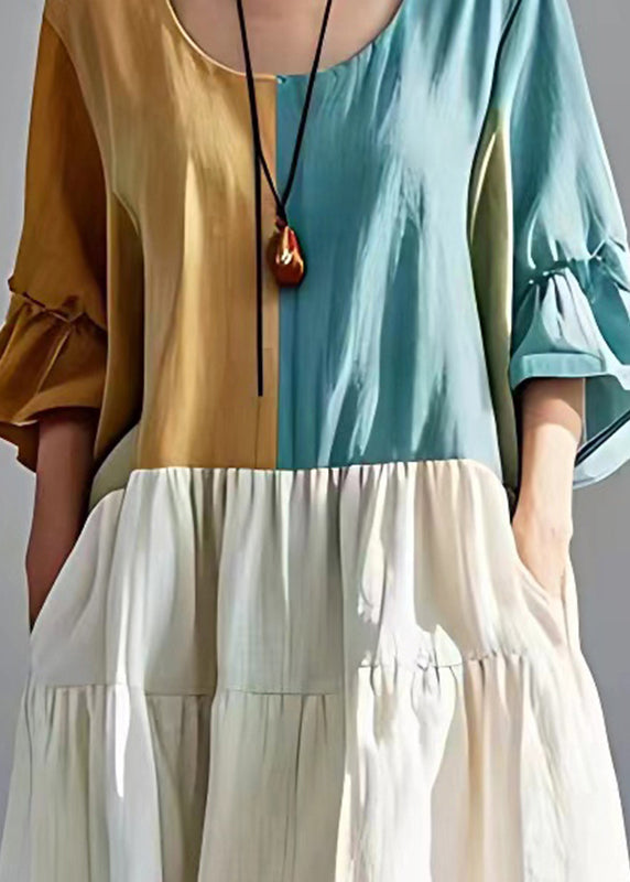 Colorblock Oversized Patchwork Cotton Pleated Dresses Summer