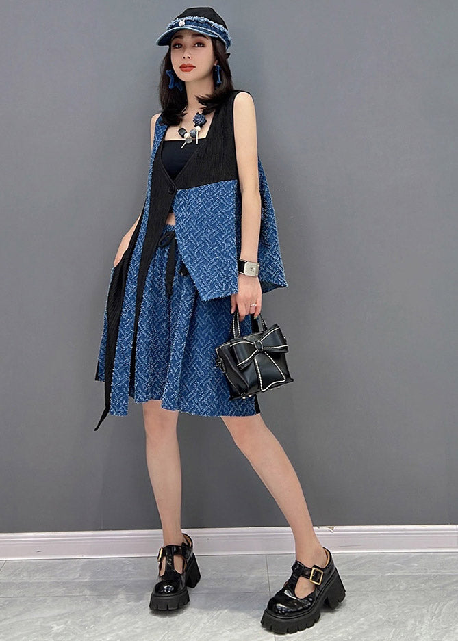 Blue Patchwork Waistcoat and Shorts Two Pieces Set Sleeveless