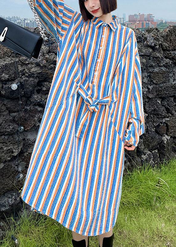 Unique Tie Waist Button Side Open Fall Striped Dress Long Sleeve