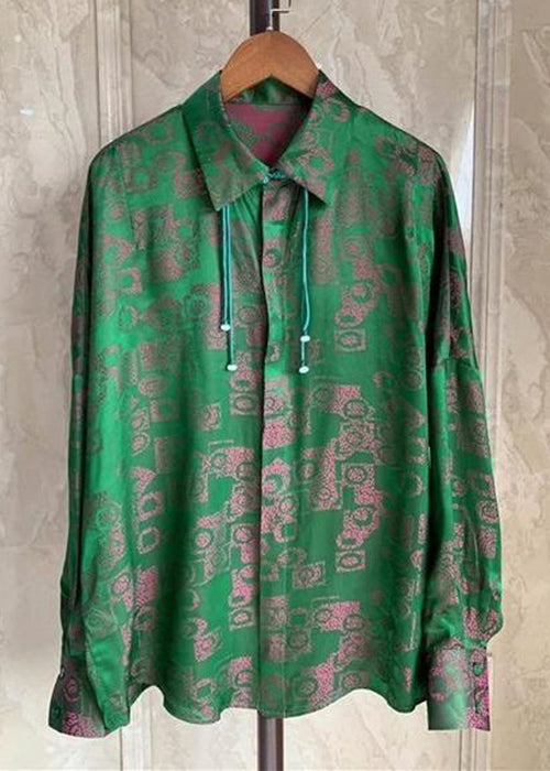Green Peter Pan Collar Print Patchwork Silk Shirt Fall