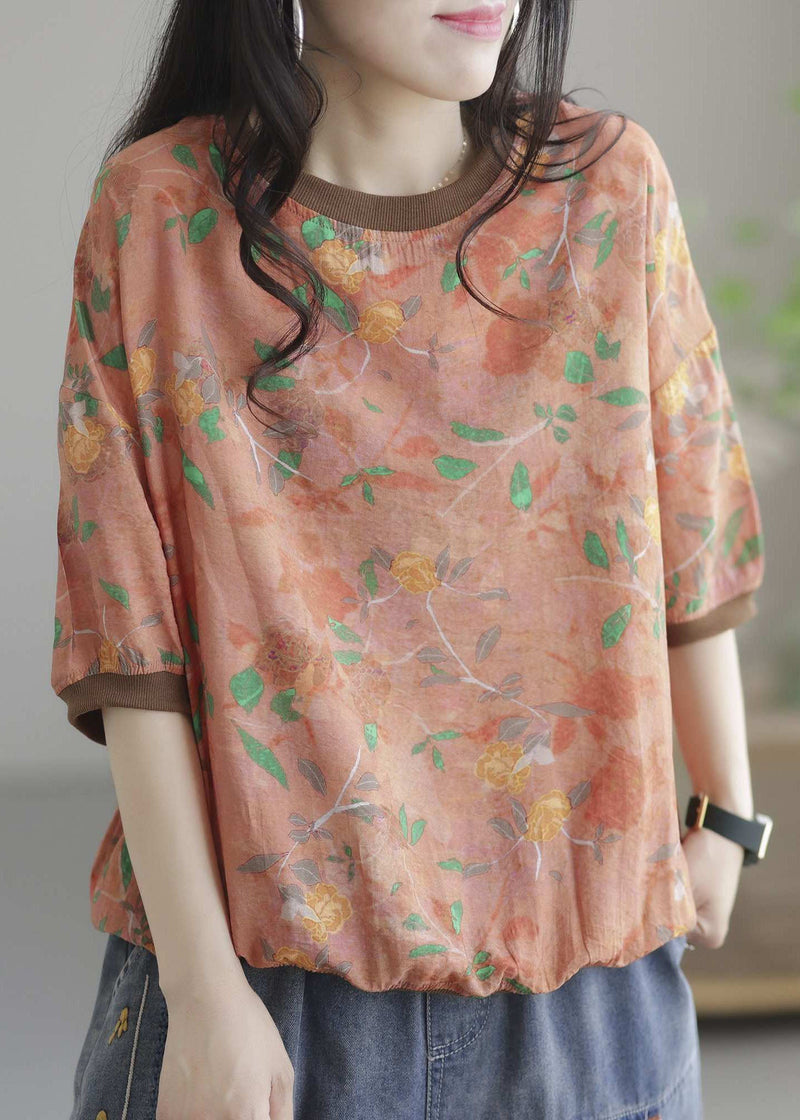 Orange O Neck Patchwork Cotton T Shirt Top Summer