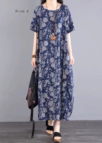 O Neck Print Patchwork Cotton Long Dresses Summer