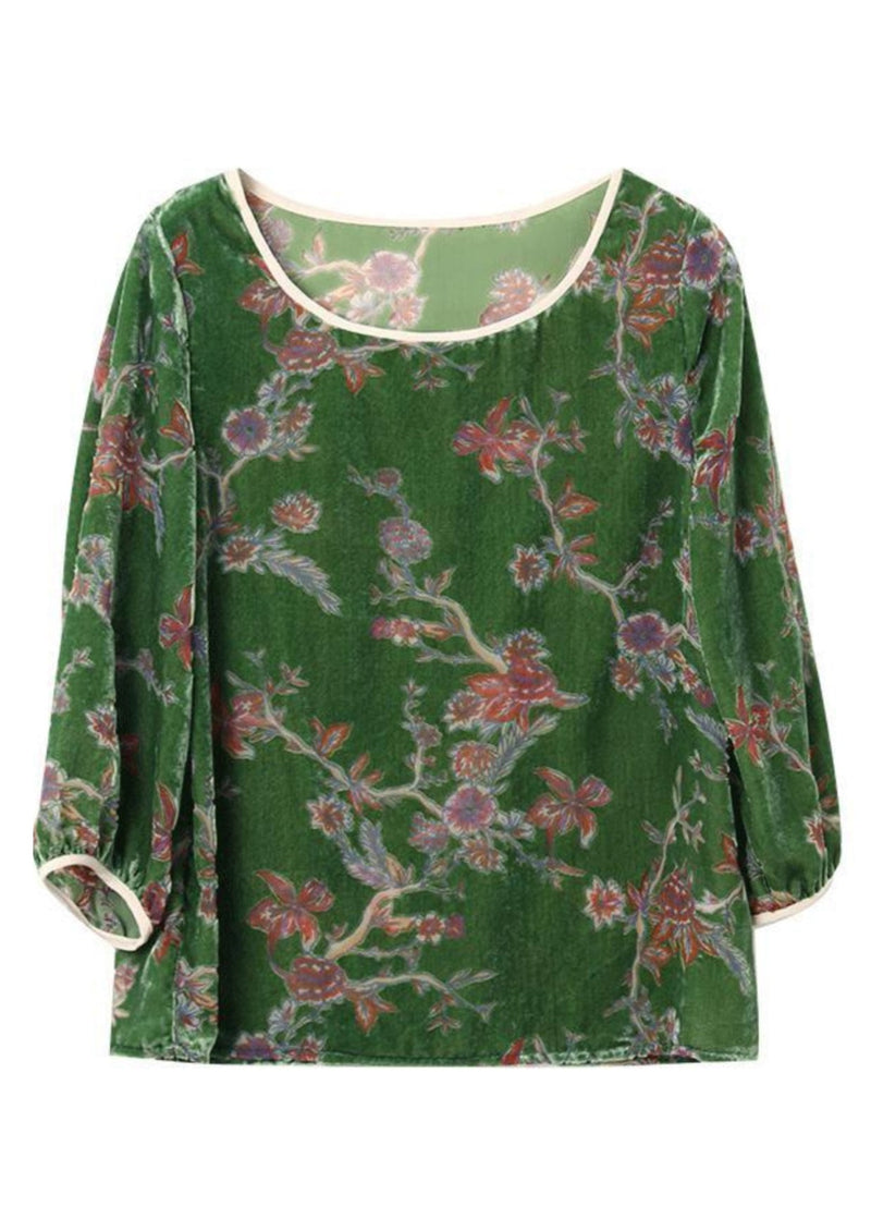 Art Green U Neck Print Silk Velour T Shirts Bracelet Sleeve