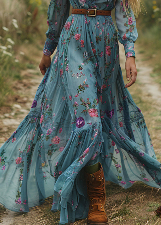 Blue V Neck Ruffled Print Cotton Maxi Dresses Spring