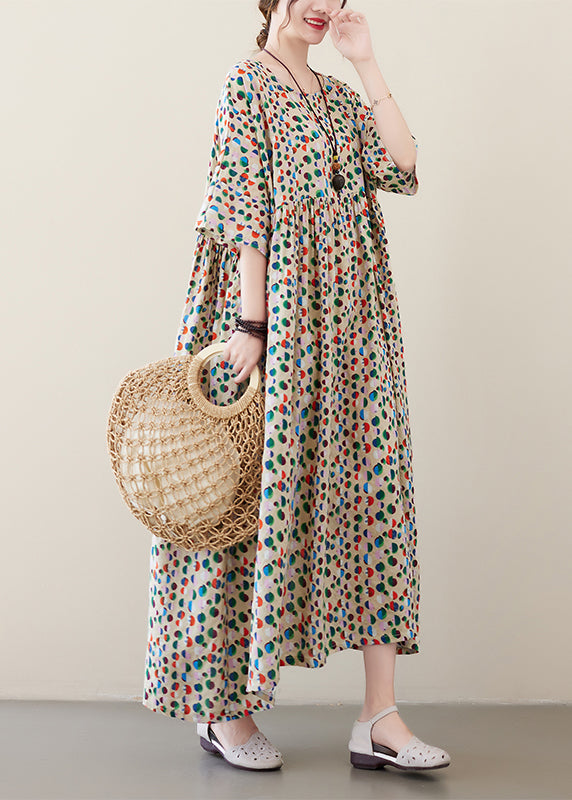 Art Light Khaki O-neck Dot Print Pockets Long Dresses Summer