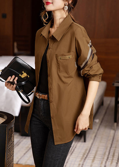 Coffee Peter Pan Collar Button Patchwork Cotton Shirt Fall