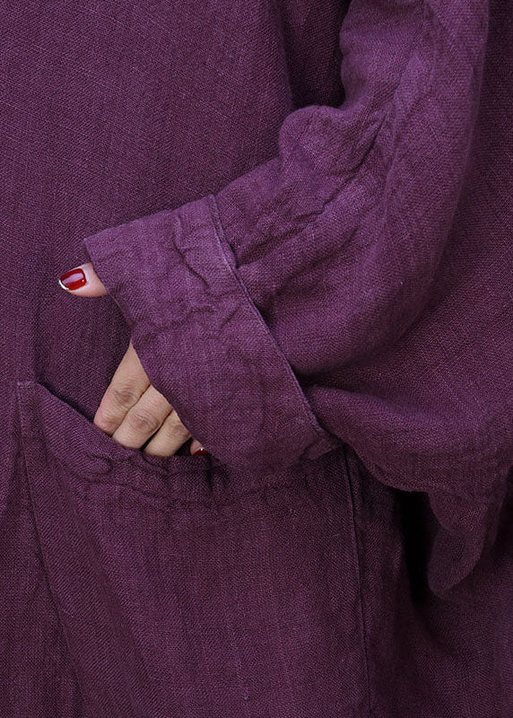 Purple V Neck Linen Coat Outwear Long Sleeve