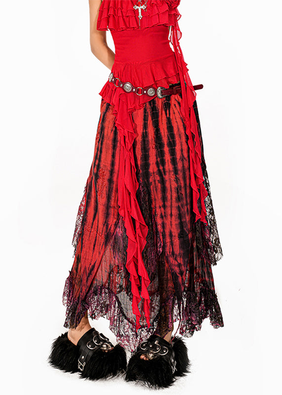 French Red Tie Dye Asymmetrical Patchwork a Line Skirts