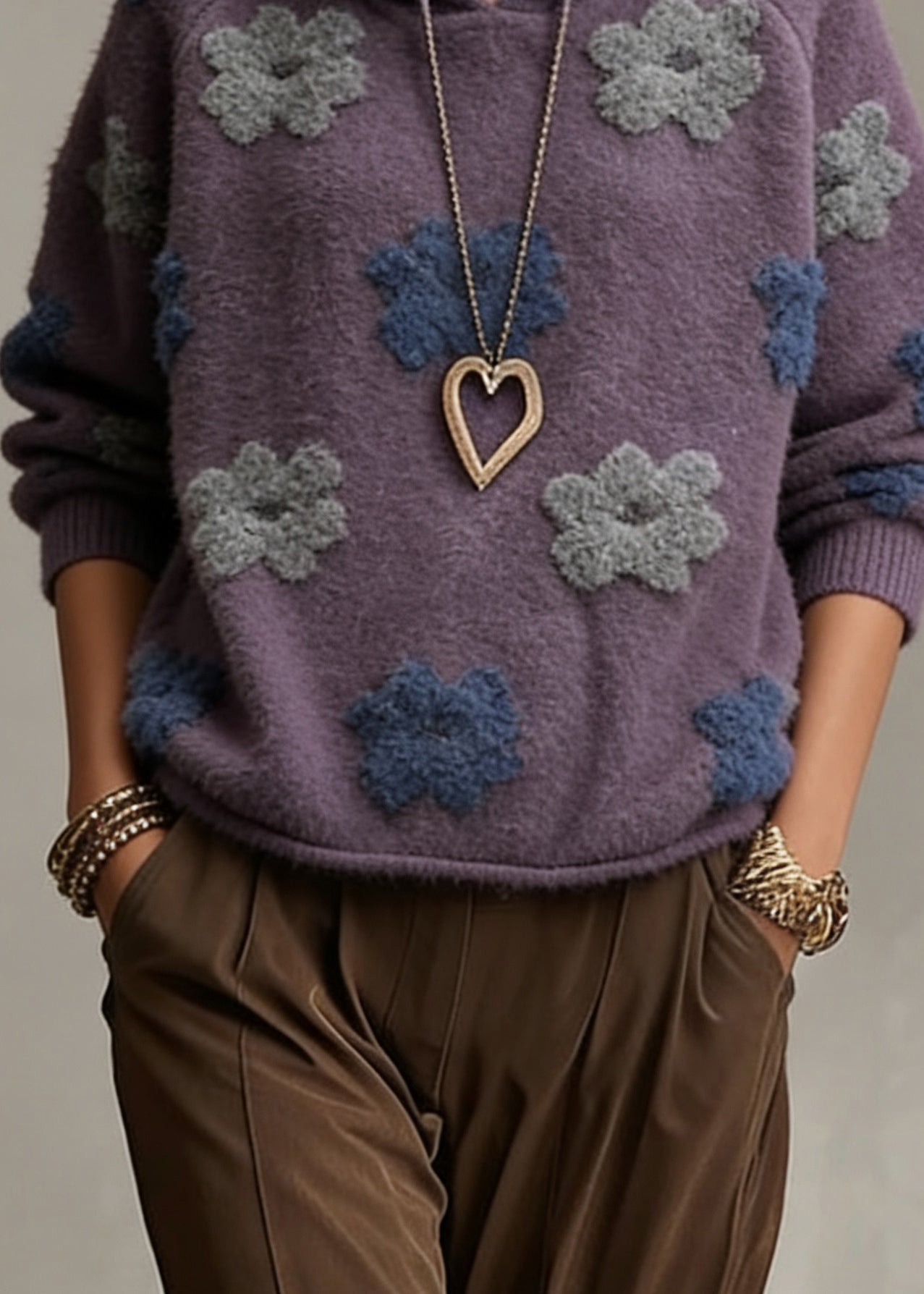 Purple Hooded Cotton Knit Sweaters Spring