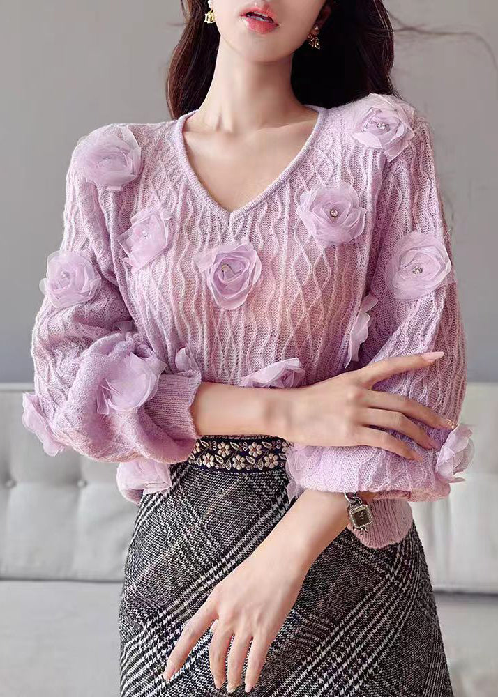 Purple V Neck Knit Sweater Lantern Sleeve Fall